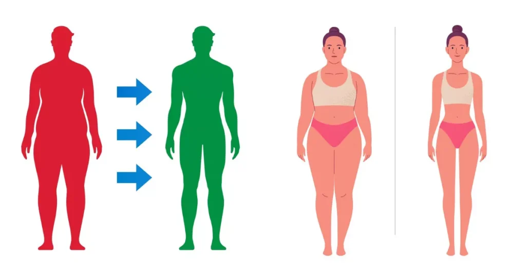 Weight loss. Vector illustration of cartoon man and women with overweight and slim body